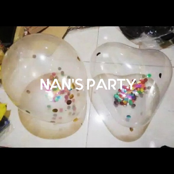 Nan's party_Balon latex transparan tebal model bulat dan love+isi confetti 10pc