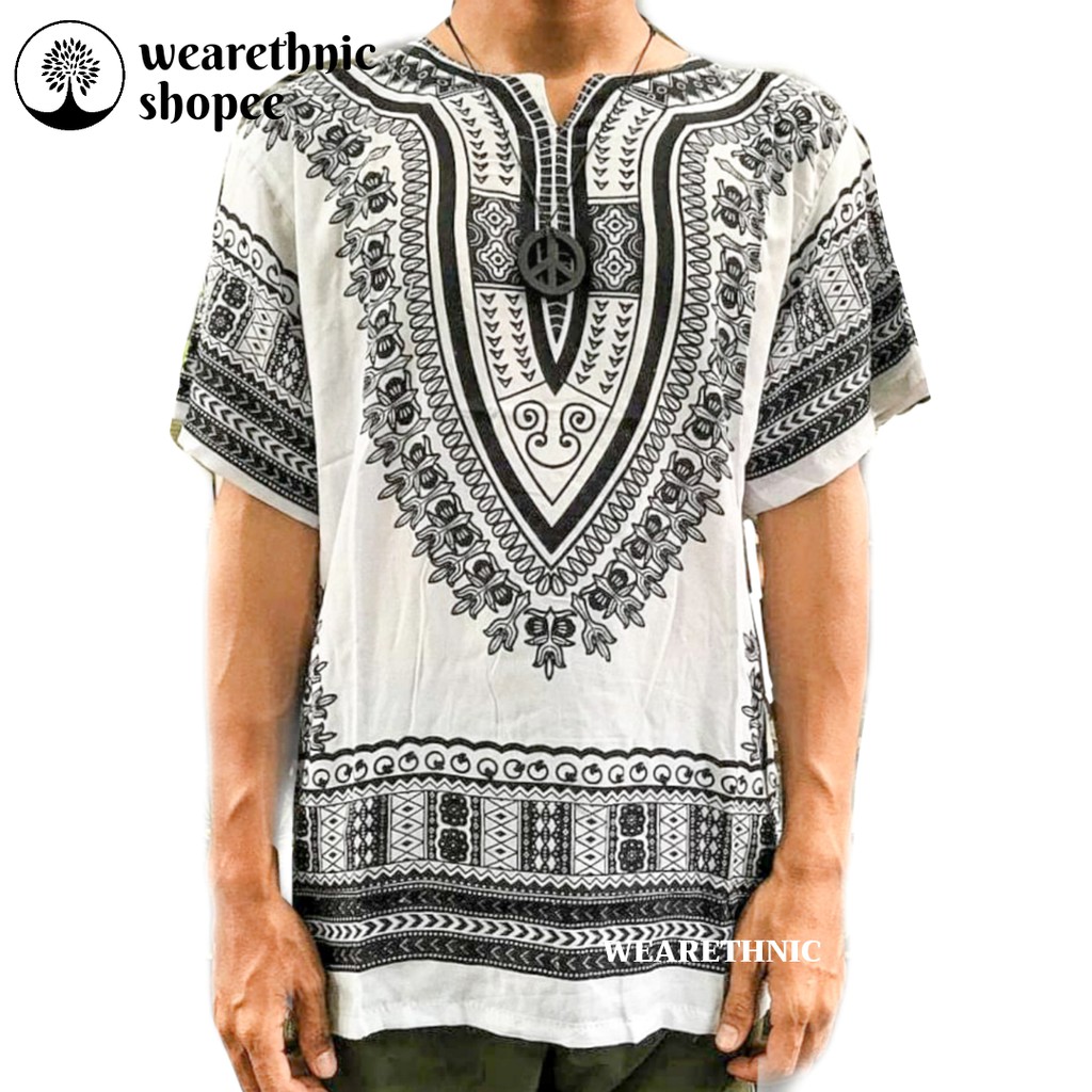 Baju Koko Muslim Afrika African Putih Motif Pria Kaos Santai Adem Tipis