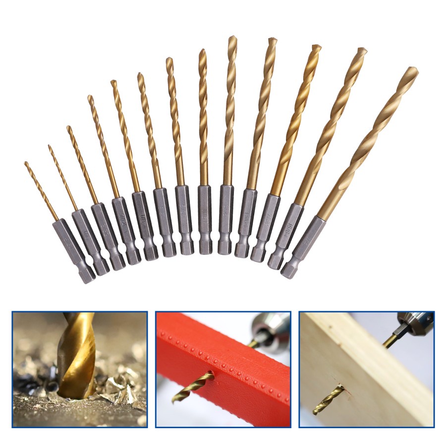 Mata Bor Set 13pcs Hex Besi HSS Titanium Power Drill Bit Steel 13 pcs Quick Change Shank 1.5 - 6.5 mm