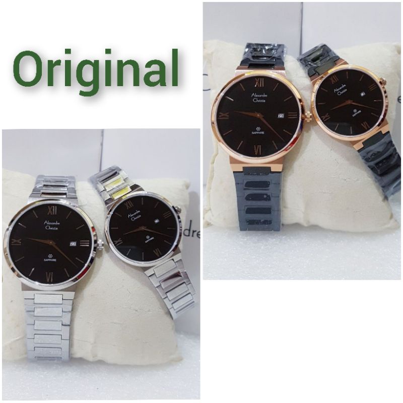 ALEXANDRE CHRISTIE COUPLE AC 8564 BLACK ROSEGOLD JAM TANGAN COUPLE ORIGINAL