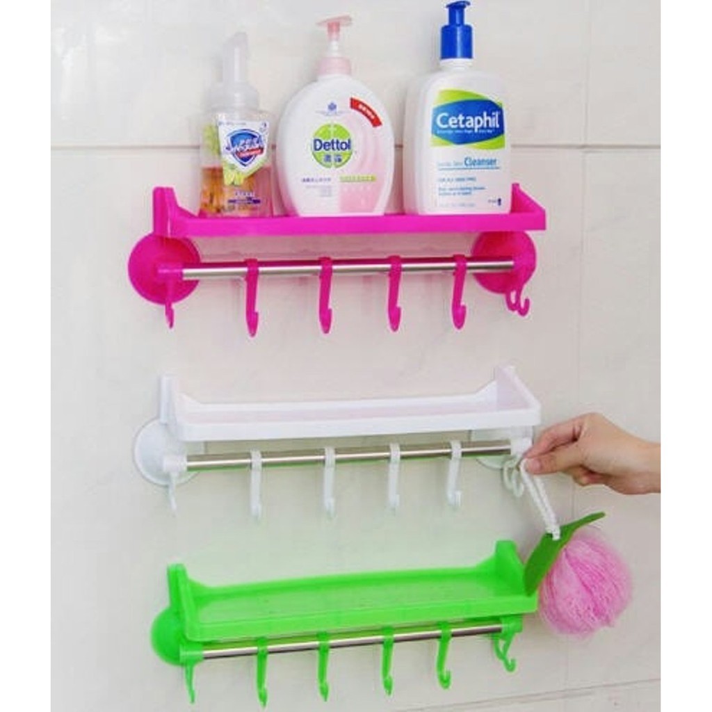 Rak Gantungan 2IN1 / Gantung Handuk dan Tempat Sabun Shampoo Tempel Dinding Kamar Mandi Dapur / Holder Tempat Shampo Spons Baju Botol Kecap Peralatan Bumbu / Silicone Suction Vakum Tanpa Paku Serbaguna-7