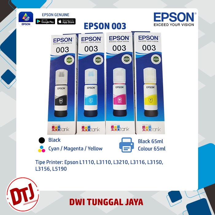 Tinta Epson 003 Black / Cyan / Magenta / Yellow Original untuk Epson L3110 L3210 L5190 L1110 L3150