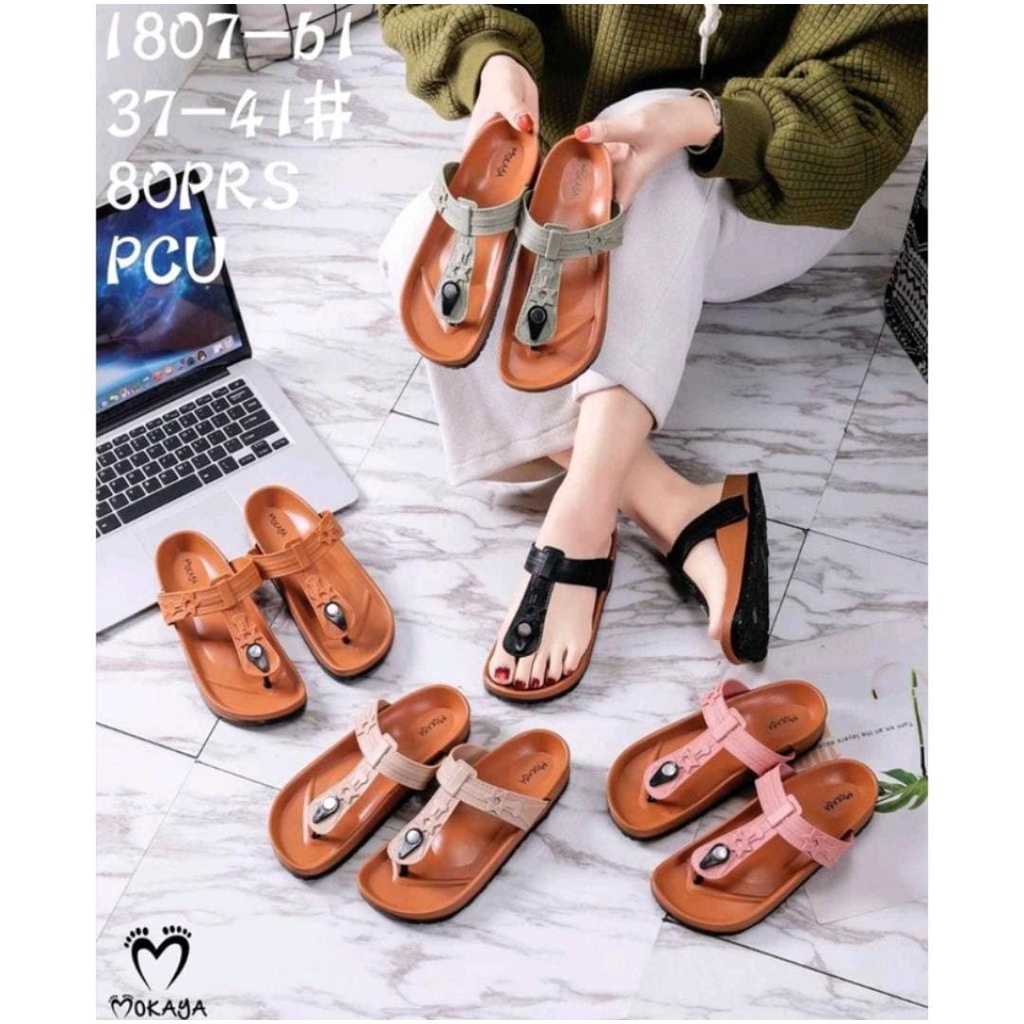 Sandal Jepit T Jelly Wanita Kancing Hitam Motif Star Timbul Simple Casual Kece Import Mokaya / Size 37-41 (1807-b1 )