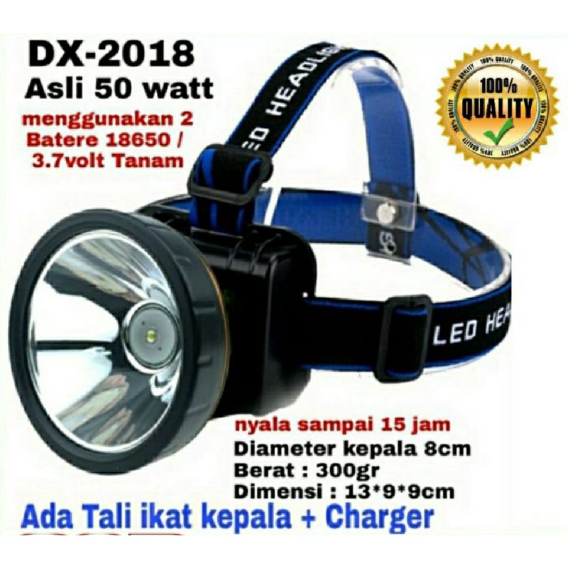 Senter Kepala Led 50 Watt Charger DX 2018/ Senter Headlamp 50Watt Super Terang
