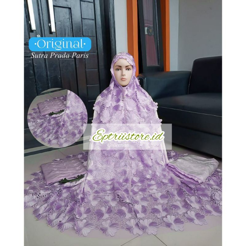 Mukenah Terbaru Sutra Prada Paris Premium Renda Mercoon Ungu muda