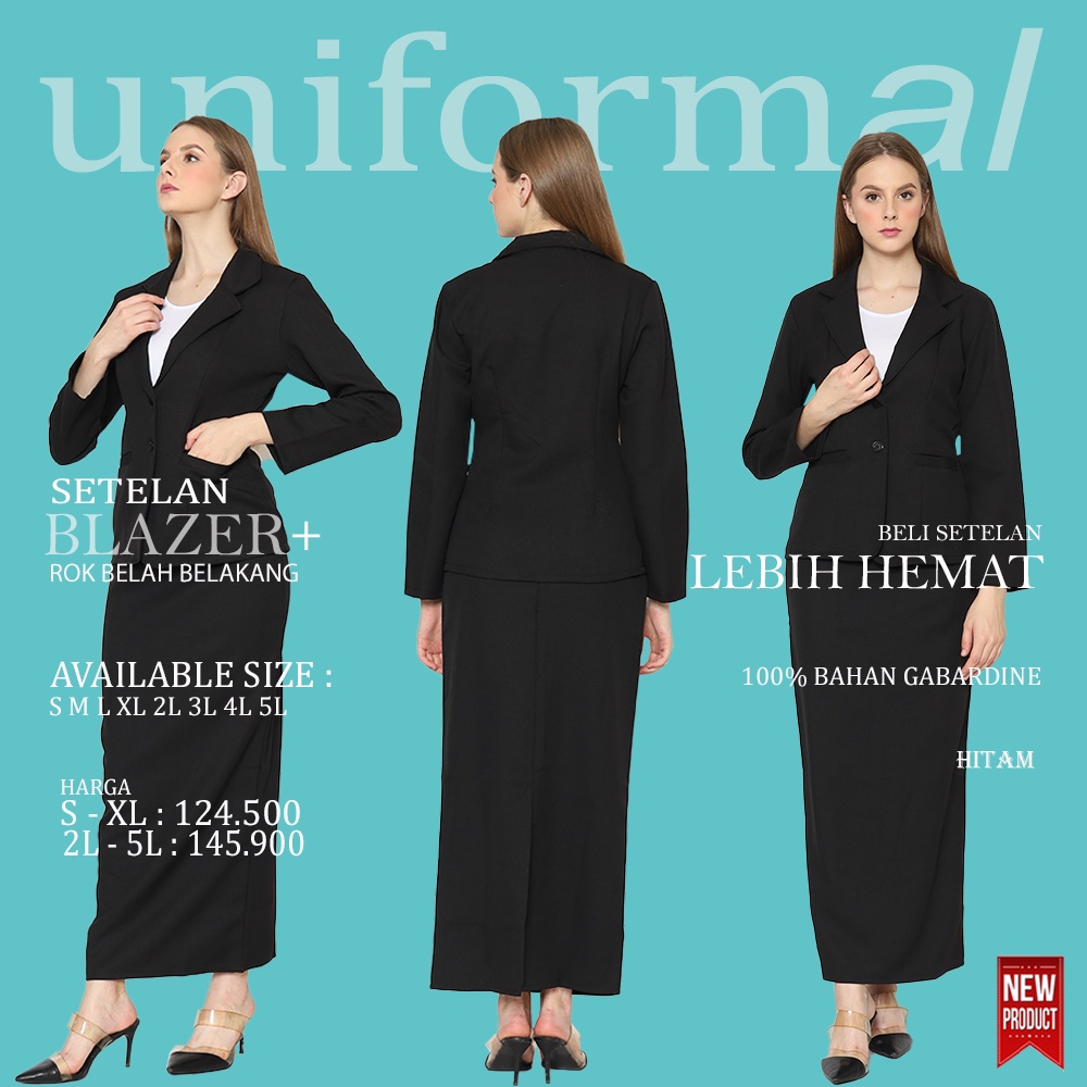 Setelan Blazer Dan Rok Set Panjang BELAH BELAKANG Wanita, Blezer Hitam Abu S - XL Stelan Perempuan Formal Kantor Kerja Korea Bahan Gabardine Import READY STOCK