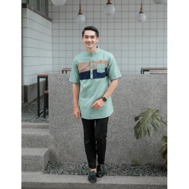 BAJU KOKO KURTA KOMBINASI LENGAN PENDEK WARNA PUTIH MOCCA TOSKA NAVY UKURAN M L XL