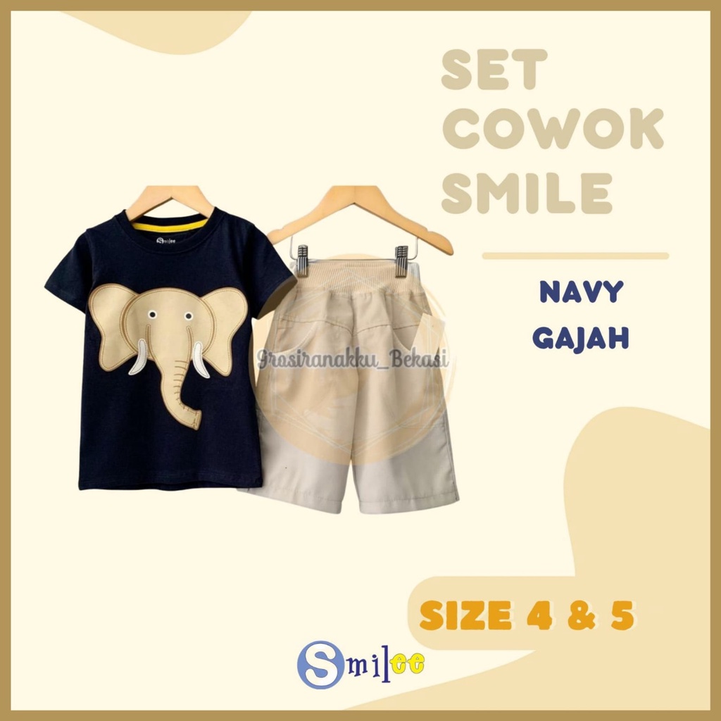 Setelan Anak Cowo Biru Navy Gajah Size 4&amp;5tahun Murah