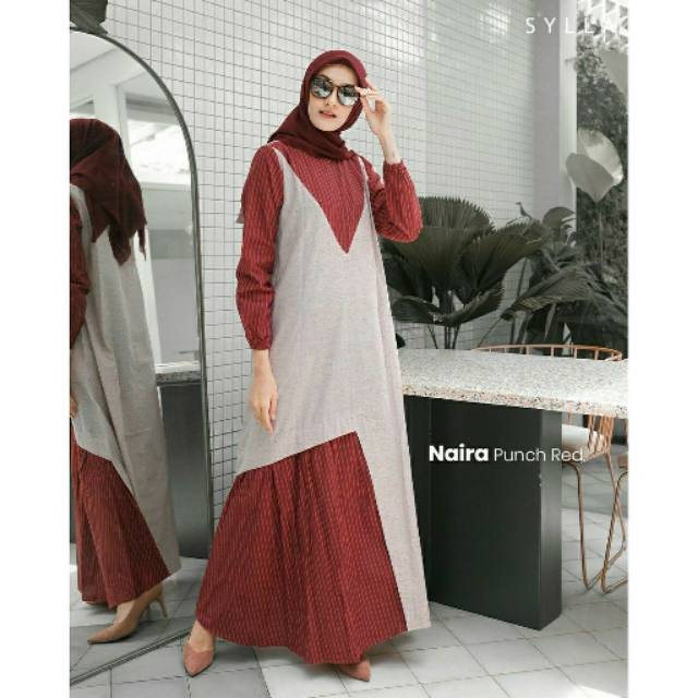 Gamis Dress Syari Terbaru 2021 Lebaran Wanita Muslim Katun Busui Motif Garis Daily NAIRA SYLLA HIJAB