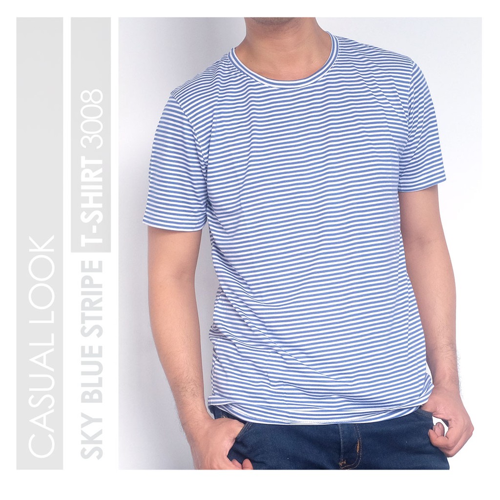 KAOS SALUR DISTRO PRIA BIRU LANGIT STRIPE PUTIH LakiEst