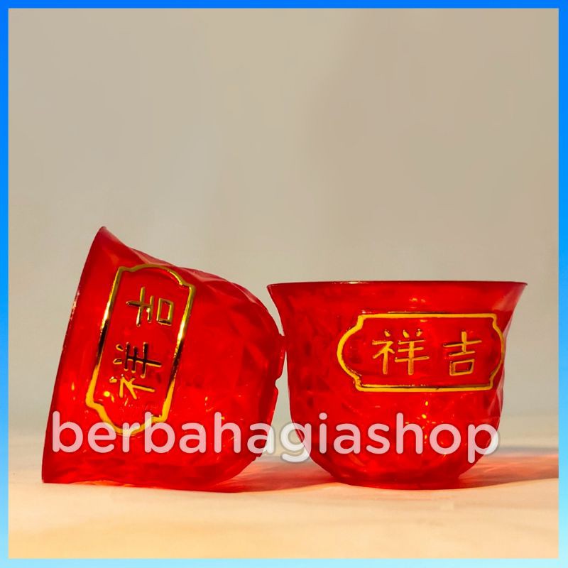 Gelas Cangkir Sembahyang Warna Merah Kristal 3 PCS Taiwan