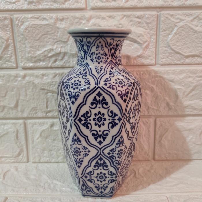 Ceramic | Vas Keramik Biru Putih Segi 6/ Pajangan Vas Keramik Biru Putih Import