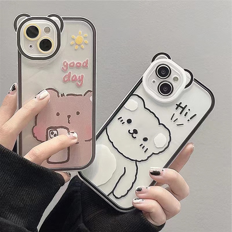 Soft Case Silikon TPU Motif Beruang Untuk Compatible for iPhone 14 13 12 11 Pro Max X Xr Xs Max SE 2020 iPhone 8 7 6 6s Plus Bear Selfie Cute Couple Phone Case Lens All-Inclusive Soft Silicone Shockproof Phone TPU Back Cover