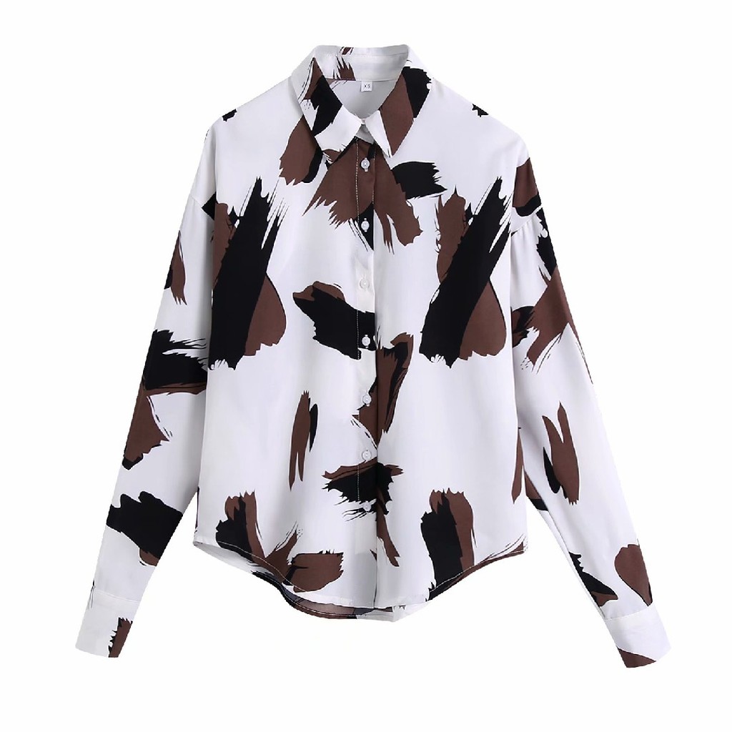 Kemeja Motif Wanita warna Putih / Kemeja Motif Korea / Kemeja Motif Lengan Panjang / White Ink Shirt