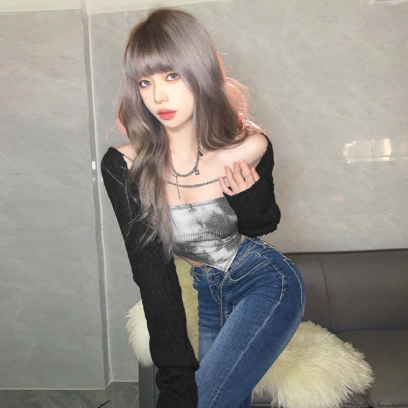 Drama Amerika Sayang Babes Retro Tie-Dye Tube Top Pendek Luar Lengan Panjang T-shirt Atasan Skema Du