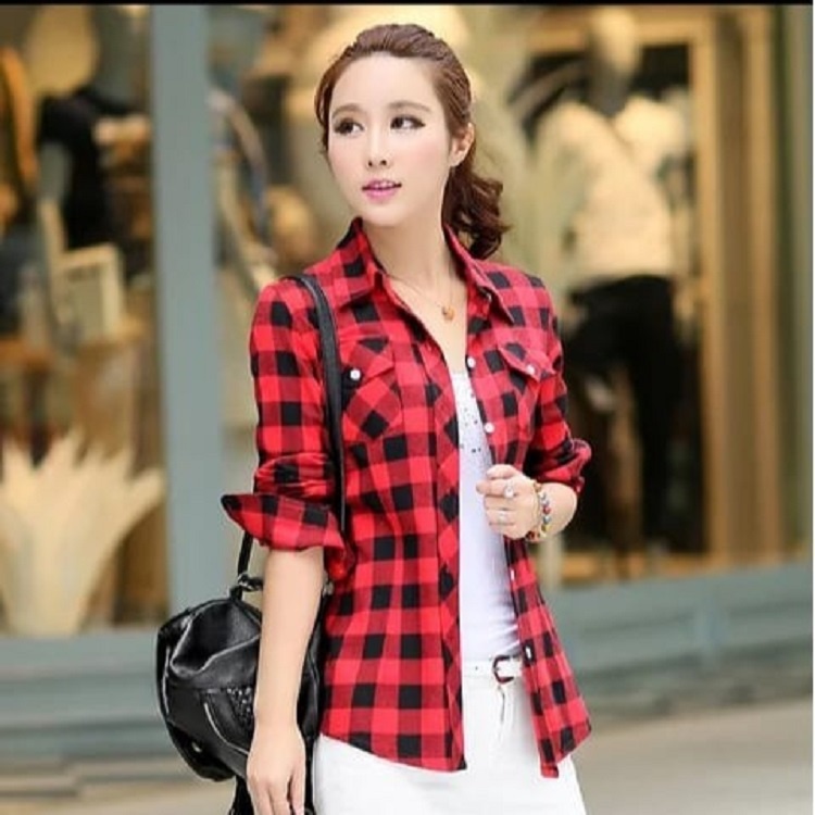 Moonella Fashion Hem Merah Wanita / Kemeja Import / kemeja Kuliah / kemeja Cantik / kemeja Populer W
