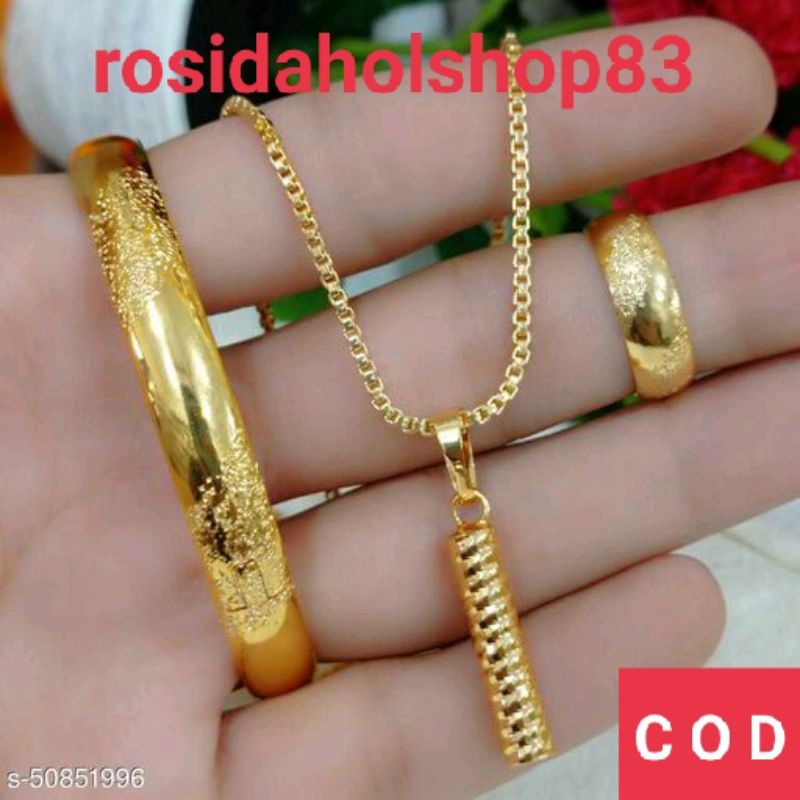 Set wanita motif gelang+cincin pasir kalung liontin bambu melintir lapisan emas 23k anti karat