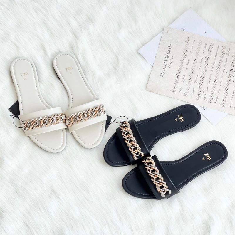 Sandal Flat Zara Hitam putih black white