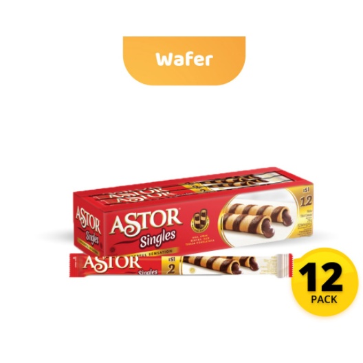 

ASTOR SINGLES WAFER STICK DUS ISI 12 PCS x 18 GRAM PACK STIK COKLAT CHOCOLATE BISKUIT KUE SNACK CEMILAN ANAK MAKANAN RINGAN GROSIR MURAH TERMURAH BANDUNG ROLL MAYORA SACHET SATUAN ECER MINI