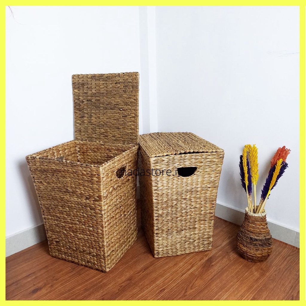 NADASTORE - WATER HYACINTH HANDWOVEN LIDDED LAUNDRY BASKET STORAGE FLIP COVER / KERANJANG BAJU ROTAN ANYAMAN ENCENG