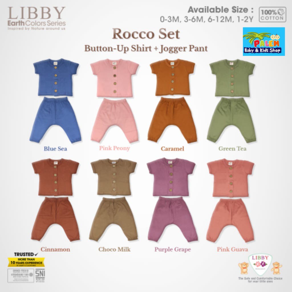 terbaru libby earth series rocco set button shirt jogger pants setelan baju anak unisex 0-2 tahun