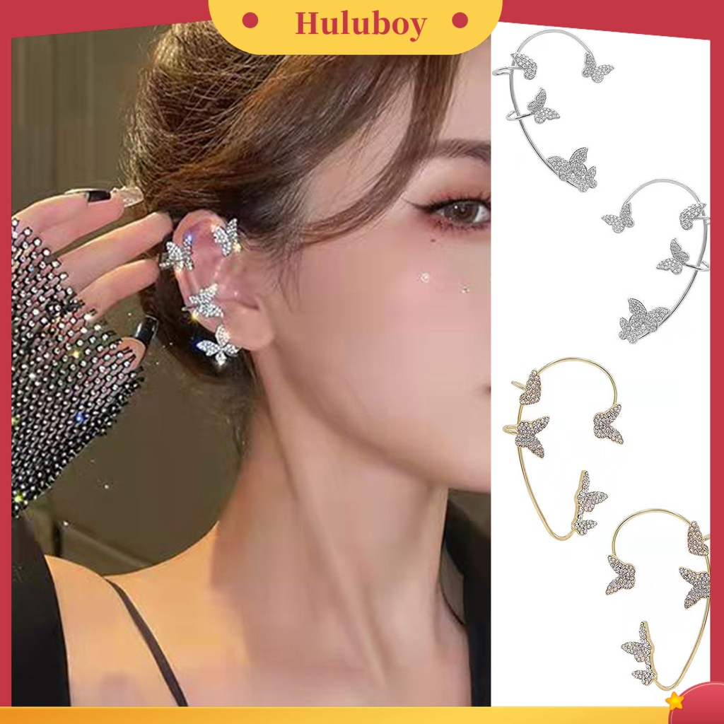 Hu Hu Hu Hu Hu Alat Bantu Pasang Kacamata♡ 1 Pasang Anting Klip Bentuk Kupu-Kupu Aksen Berlian Imitasi Untuk Perhiasan
