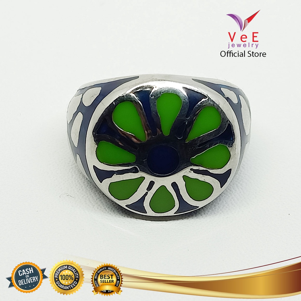 Cincin Titanium Batu Giok Hijau Bulat - VeE Cincin Wanita Pria