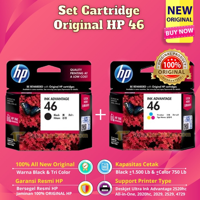Paket SET Cartridge HP 46 Black & Color Refill Printer Deskjet 2020hc 2029 2520hc 2529 4729 All-in-O