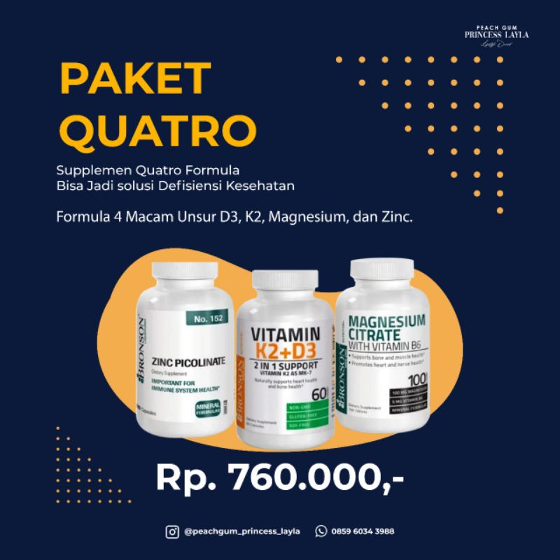 Paket Quatro Formula Vitamin K2 D3 5000IU 60 caps, Magnesium dan Zinc100 caps