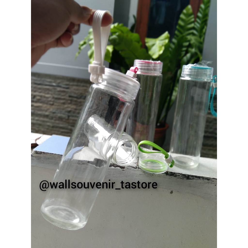 botol minum kaca bening costum sablon/tumbler air minum bening tali warna/sablon kemasan box