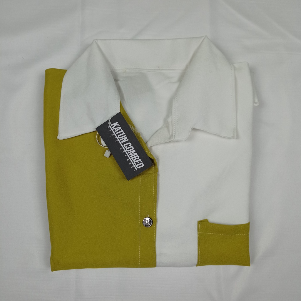 Kemeja Wanita Atasan Blouse Casual Polos Kombinasi Warna Lengan Panjang Model Pinguin Bahan Moscrepe-4