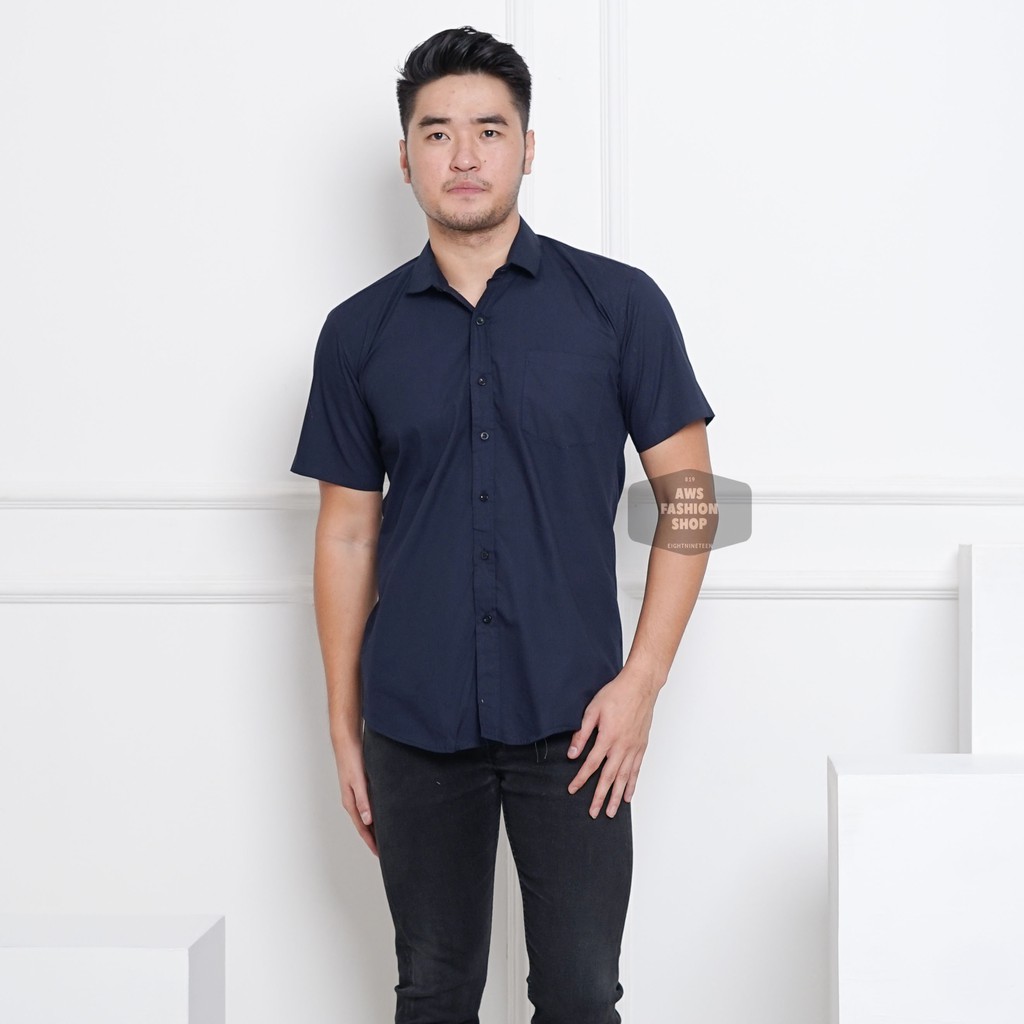 Kemeja Pria Lengan Pendek Cowok Dark Blue Biru Navy Kemeja Casual Slimfit 3265