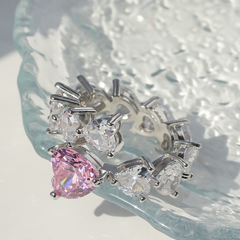 Cincin Model Terbuka Bentuk Hati Geometris Bahan Zirkon Warna Pink Untuk Wanita