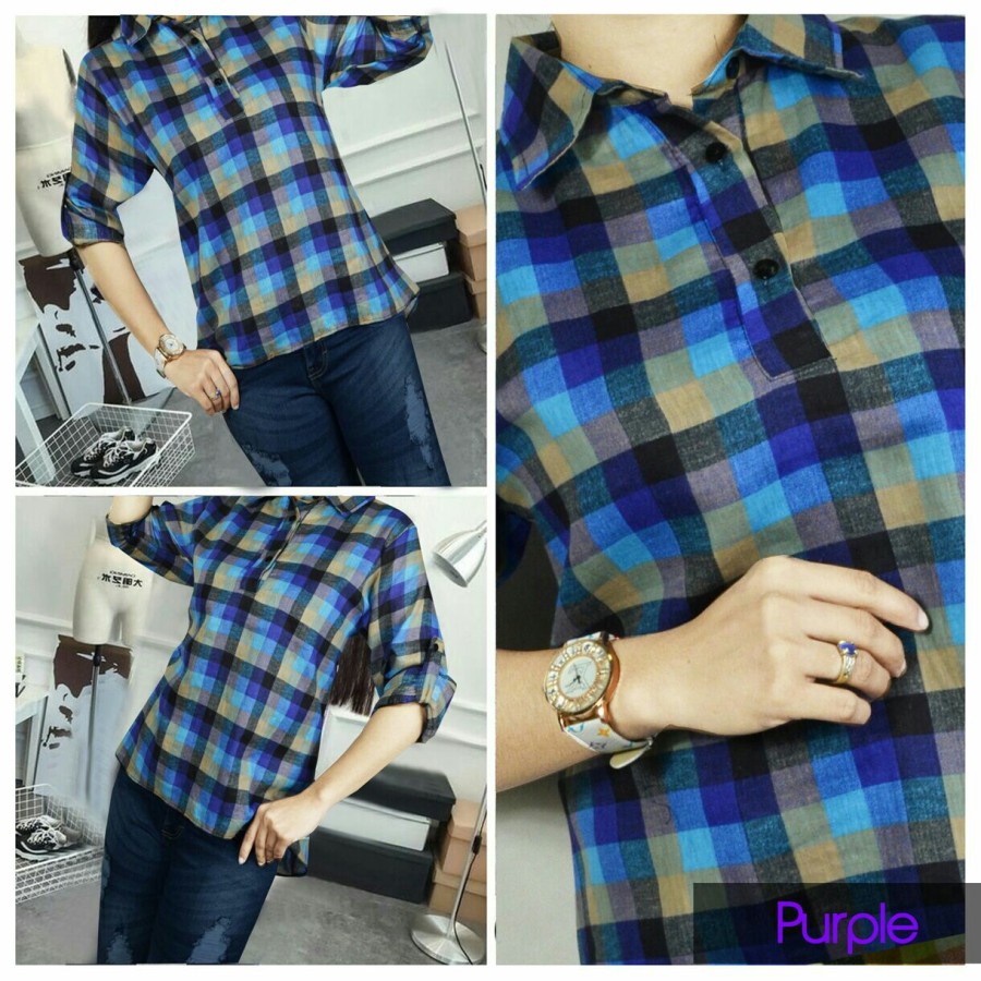 Baju Kemeja Motif Kotak Wanita Dewasa Busui Murah Kekinian Terbaru 2021 Hem Bahan Katun LD 100 Fit L