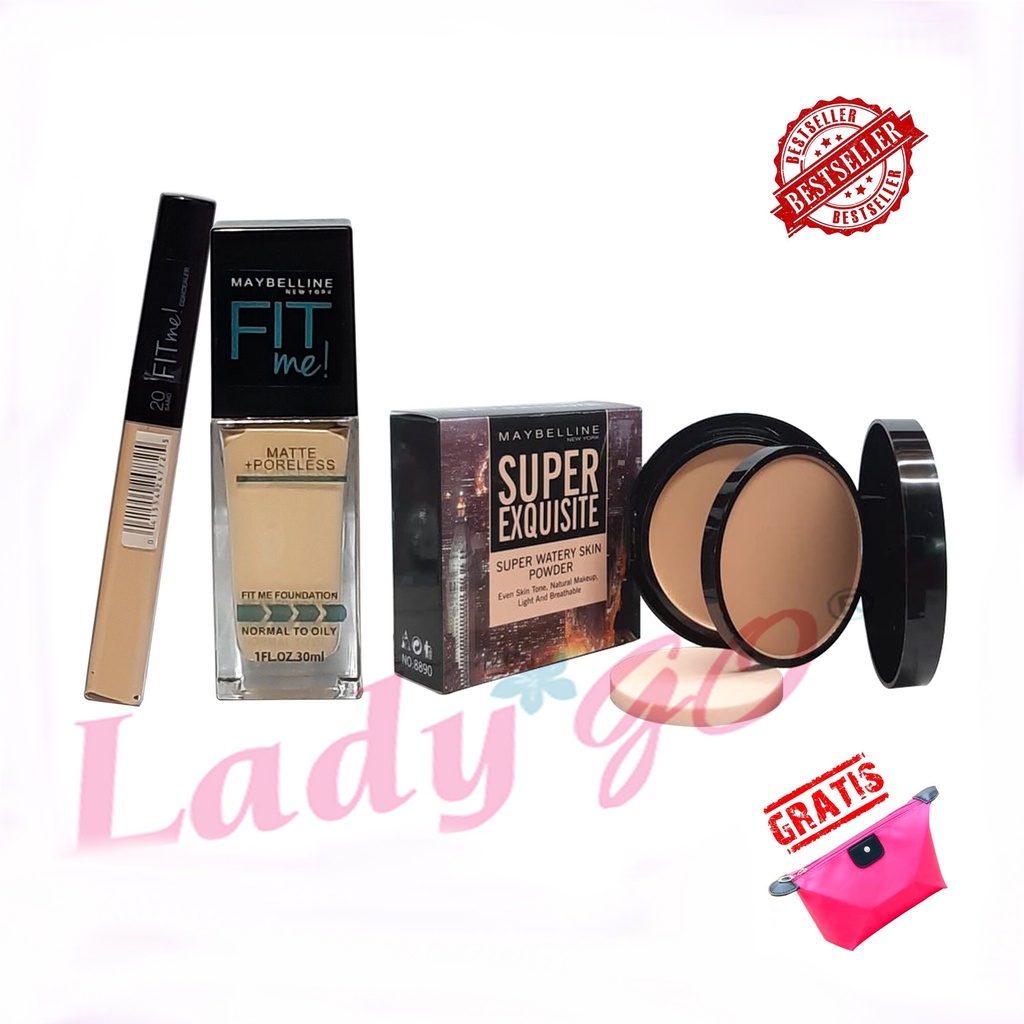 Paket Make Up Lengkap - Paket Kosmetik Maybelline Fit Me Foundation &amp; Concealer + Bedak Maybelline Super Exquisite 2 in 1 Bedak Padat &amp; Basah - Gratis Tas Kosmetik Pouch