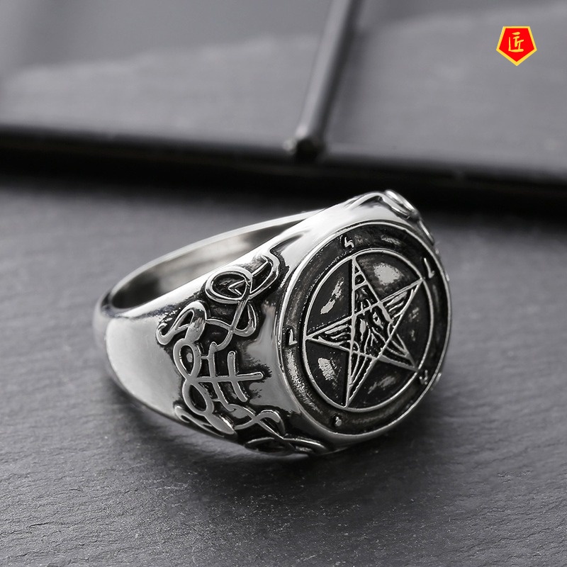 [Ready Stock]Retro Personality Silver Pentagram Band Badge Ring