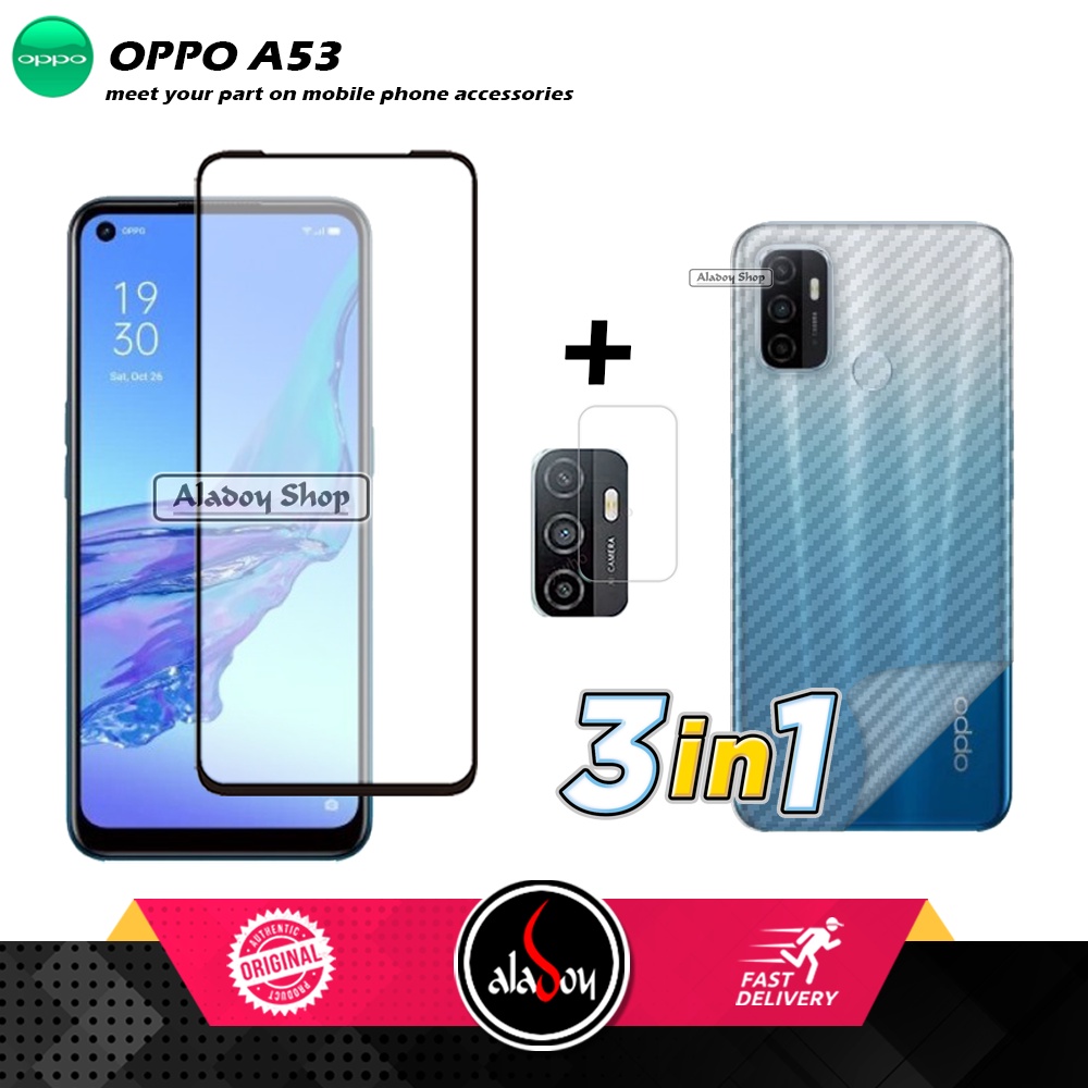 PAKET 3 IN 1 Tempered Glass Layar Oppo A53 Free Tempered Glass Camera dan Skin Carbon