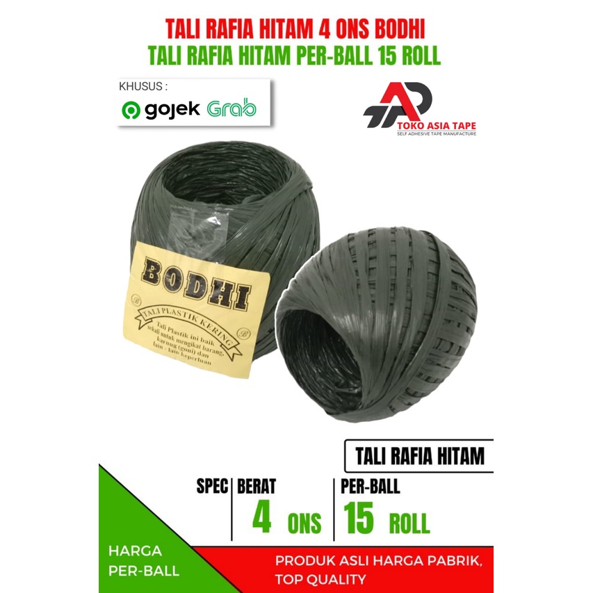 

TALI RAFIA HITAM 4 ONS / TALI PLASTIK RAFIA 4 ONS MERK BODHI PER-BALL KHUSUS GOJEK/GRAB