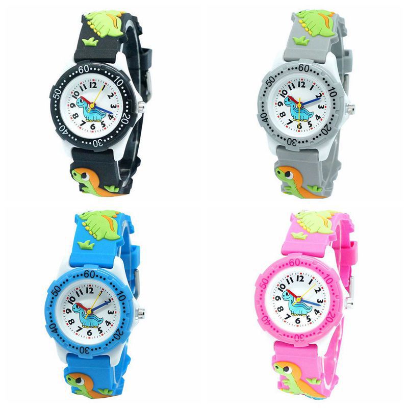 Jam Tangan Anak-anak Dinosaurus Kuarsa Gerakan Pin Gesper 3D Biasa Biru Anak Laki-laki dan Perempuan