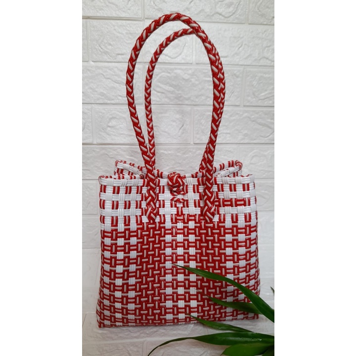 TAS ANYAMAN PLASTIK JALI / TAS JINJING / SUNNY BAG PUTIH MERAH