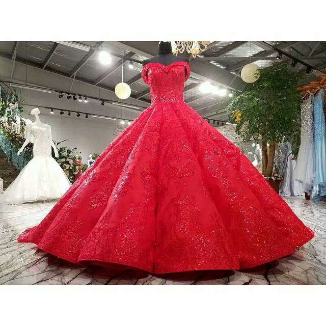 Gaun pengantin gaun pesta pernikahan mewah merah off shoulder payet ball gown