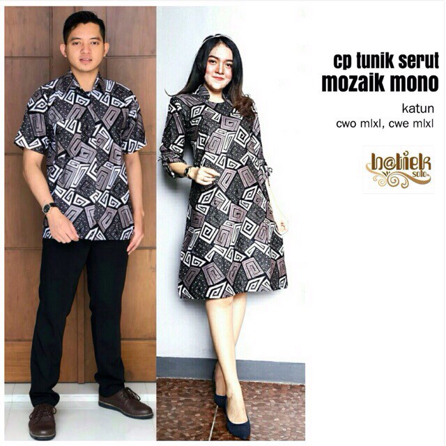 Couple Serut Mozaik Putih Monokrom Sarimbit Batik Dress