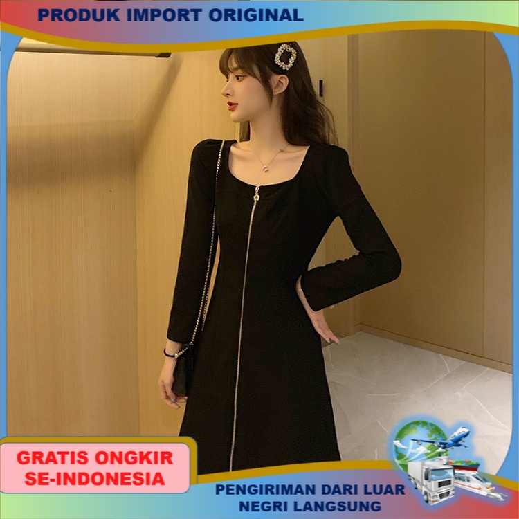 Gaun Wanita Gaya Perancis Square Leher Bertali Pelangsing Hepburn Warna Hitam Ukuran Besar Montok Pe