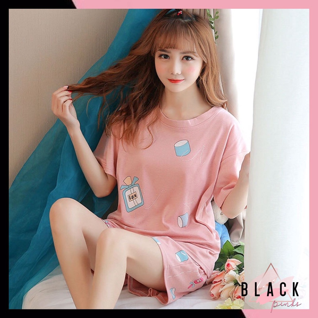 Blackpink Pakaian Wanita Set Baju Tidur Wanita Piyama Lengan Pendek Import Motif Kartun Fit to XXL 4019