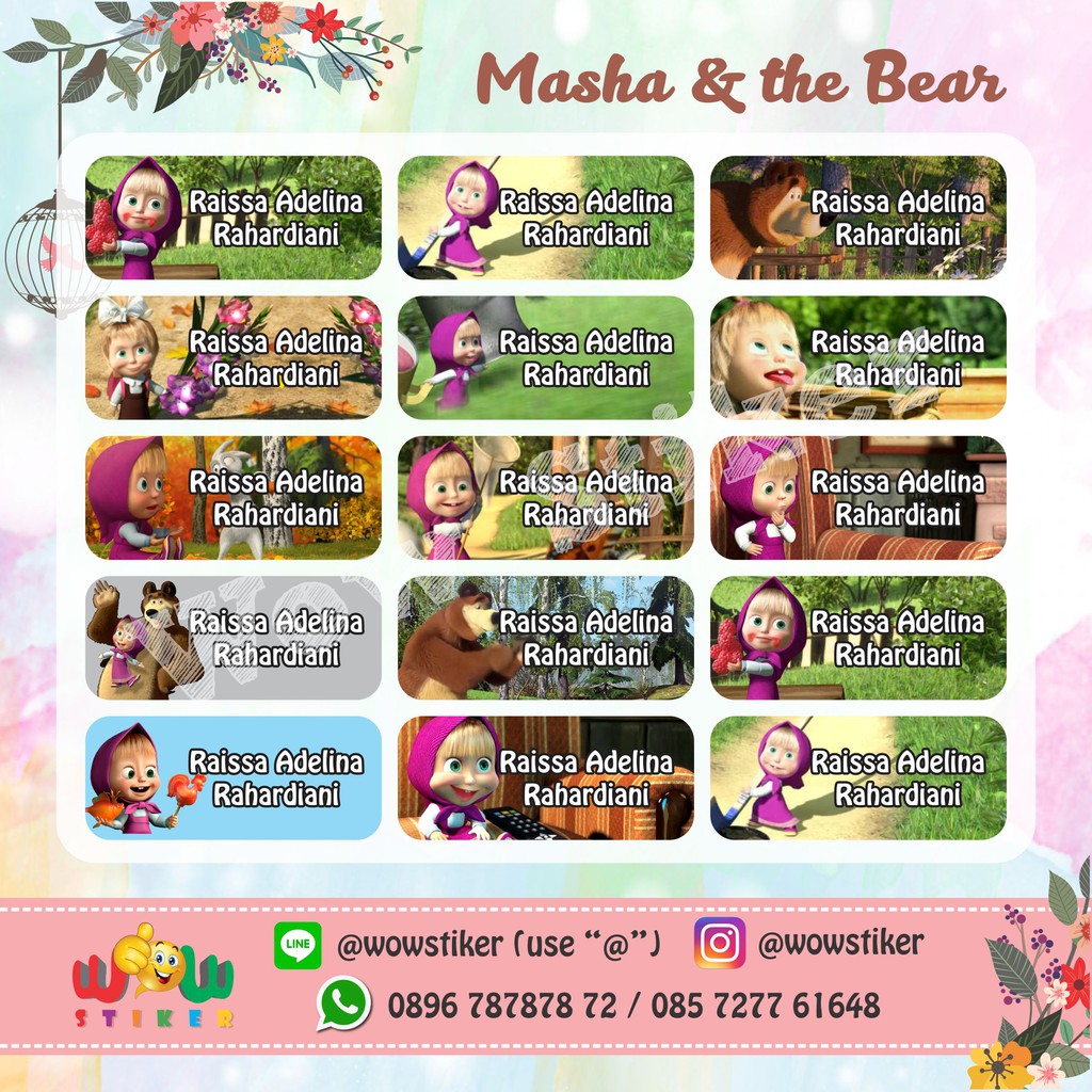 Stiker Stiker Label Nama Anak Waterproof Masha The Bear