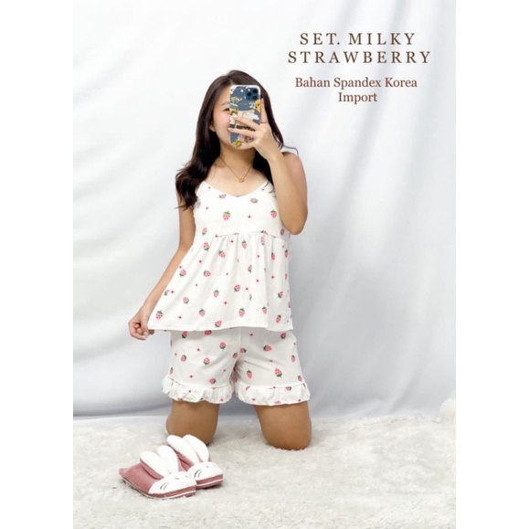 MDLV ~ Baju Tidur Set Milky Strawberry HP Set Baju Tidur Tantop Celana Pendek Fashion import