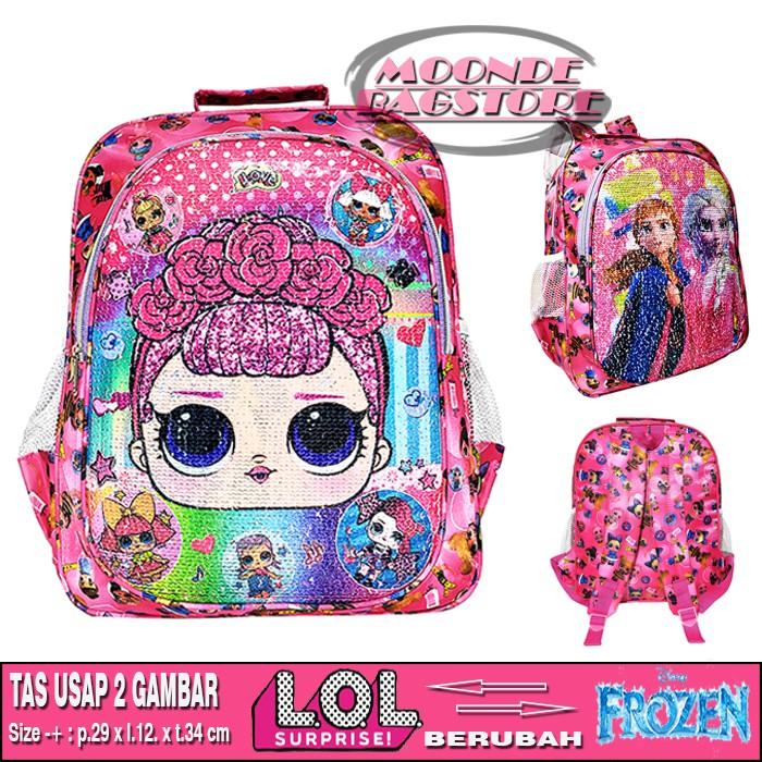 Tas ransel usap Sequin 2 gambar Anak sekolah SD karakter LOL UNICORN HELLO KITTY PONY FROZEN