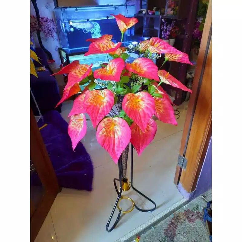 COD,Bunga artifisial  sudut Aron pandan +pot standing Besi.bunga pojok-Pink