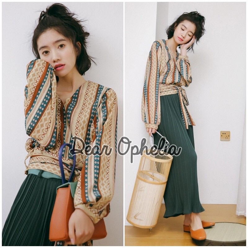 Blouse Atasan Crop top wanita lengan panjang balon peplum boho bohemian etnik bangkok