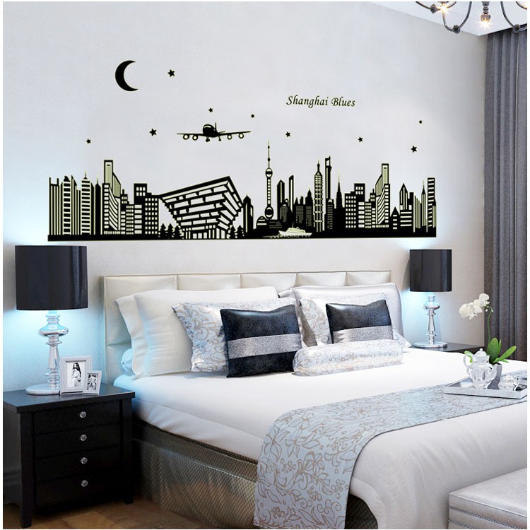 RELIZA WALL STICKER SANGHAI GLOW IN THE DARK SILUET HITAM KOTA CITY ABQ9636 STIKER DINDING